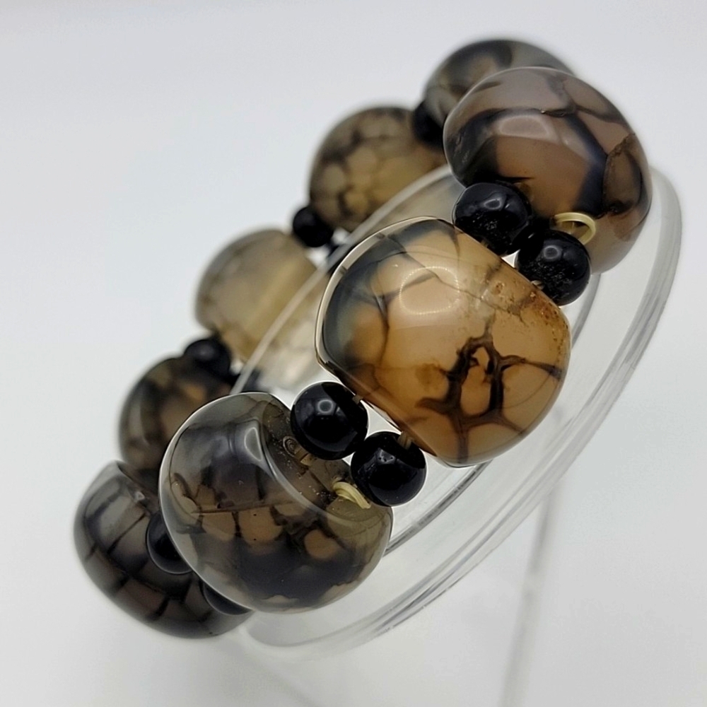 Chunky 7.25" Black White Dragon Vein 24mm Agate Onyx Stretch Bracelet Bangle 81g